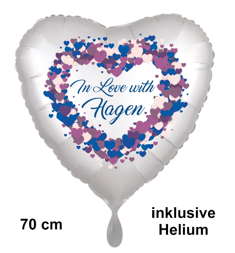 Großer Luftballon in Love with Hagen, Satin de Luxe weiß, mit blauem Aufdruck